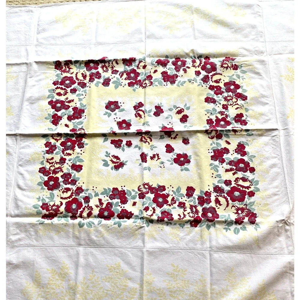 Vintage Cotton Farmhouse Tablecloth Floral Print Yellow Red & Green Floral Flaws